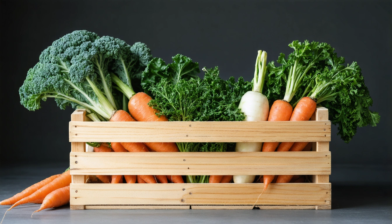A wooden crate filled with mixed seasonal vegetables and herbs in warm natural light