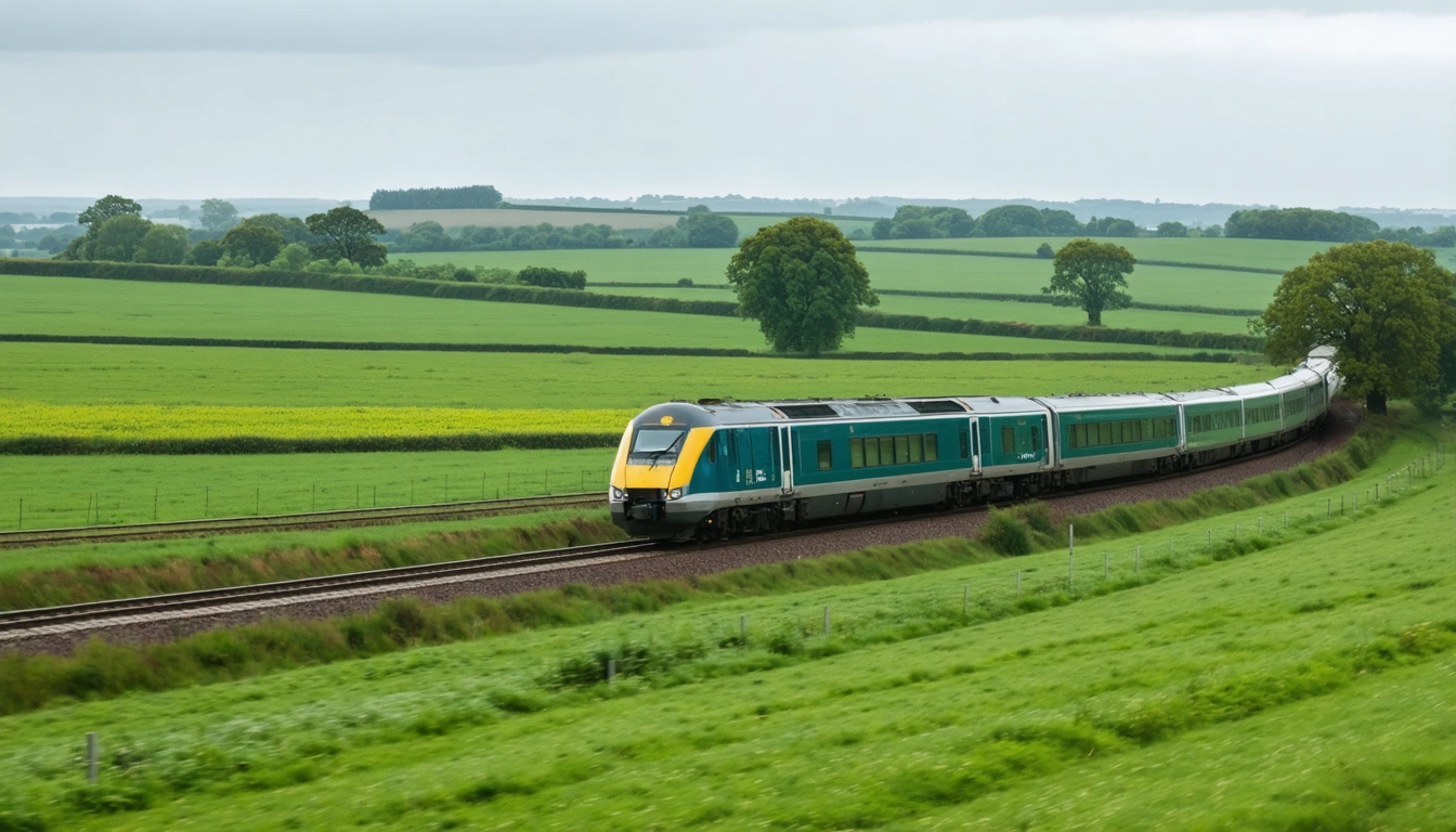 A British intercity train passing through countryside on an overcast afternoon